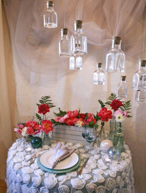 Coastal Fog Styled Shoot in Mint and Coral with a Handmade Bottle Chandelier from Hey Wedding Lady