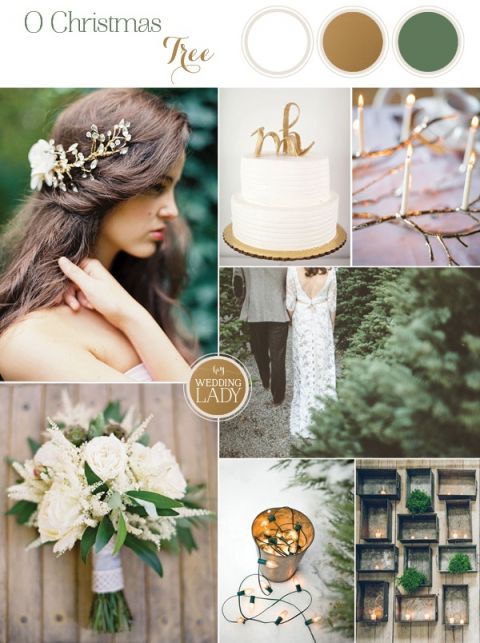 Christmas Tree Farm Wedding Ideas in Green, White, and Gold with Glowing Candles and Gilded Branches