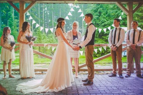Ceremony Under a Covered Porch from the Rain | Love Out Loud Studios | Gorgeous Rustic Bohemian Wedding in Vancouver