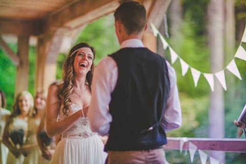 Plenty of Laughs During the Ceremony | Love Out Loud Studios | Gorgeous Rustic Bohemian Wedding in Vancouver