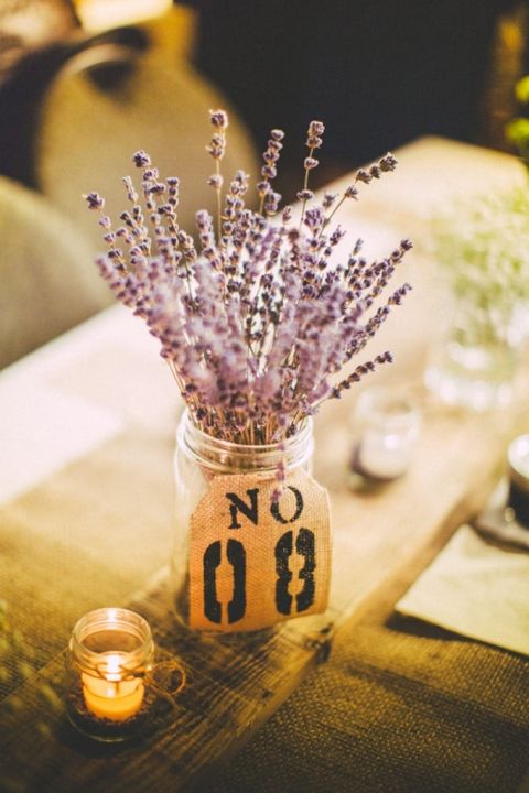 Dried Lavender Centerpieces with Burlap Table Numbers | Love Out Loud Studios | Gorgeous Rustic Bohemian Wedding in Vancouver