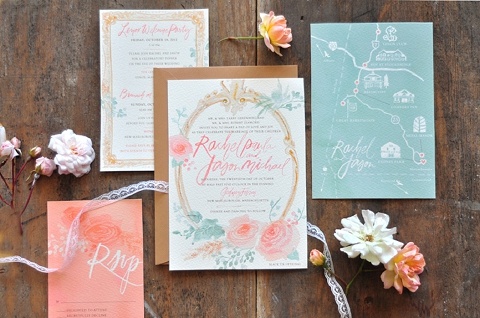 Radiant Retro Pink And Turquoise Wedding Inspiration Hey Lady Watercolor Wedding Invitation Julie Song Ink