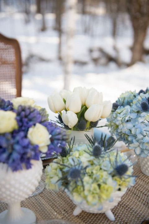 Elegant Blue and White Winter Centerpieces | Carla Ten Eyck Photography | Winter Chic - Cozy White and Blue Snowy Forest Wedding