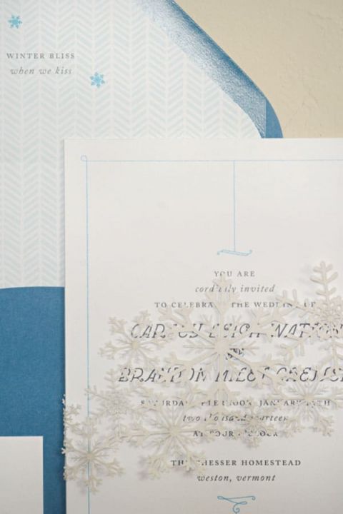Elegant Blue and White Snowflake Wedding Invitations |Carla Ten Eyck Photography | Winter Chic - Cozy White and Blue Snowy Forest Wedding