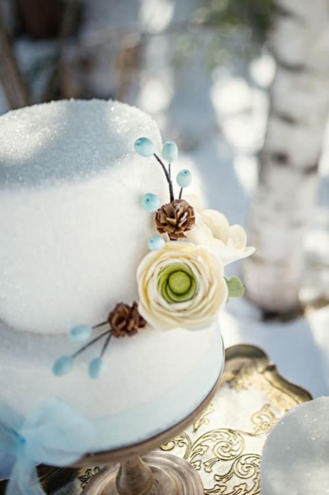 Frosty White Wedding Cake in the Snow | Carla Ten Eyck Photography | Winter Chic - Cozy White and Blue Snowy Forest Wedding
