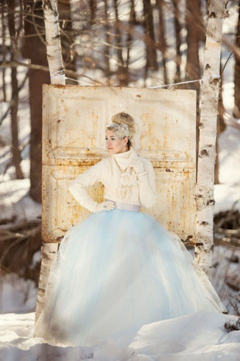 White Cashmere Sweater with a Blue Tulle Ball Gown | Winter Chic - Cozy White and Blue Snowy Forest Wedding