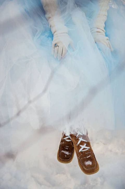 Blue Tulle Ballgown for a Winter Wedding | Carla Ten Eyck Photography | Winter Chic - Cozy White and Blue Snowy Forest Wedding