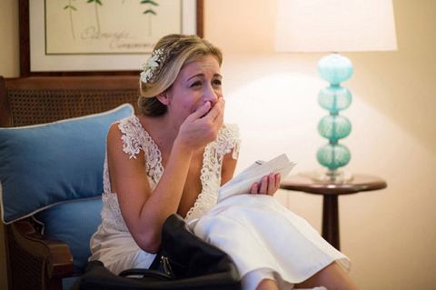 The Bride Reading a Letter from her Groom | The Story Photography | See More: https://heyweddinglady.com/navy-and-yellow-nautical-chic-destination-wedding-in-paradise/