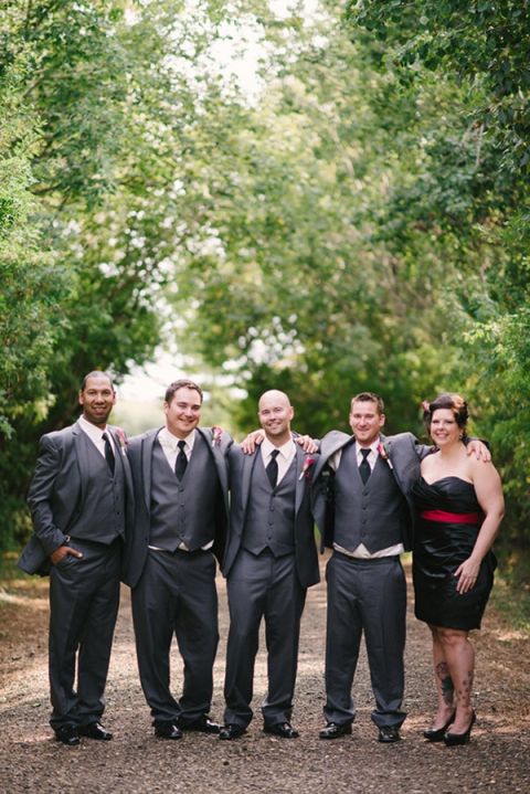 Groom with his Groomsmen and Best Girl | Milton Photography | See More: https://heyweddinglady.com/ruby-and-gray-wedding-with-vintage-book-details-from-milton-photography/