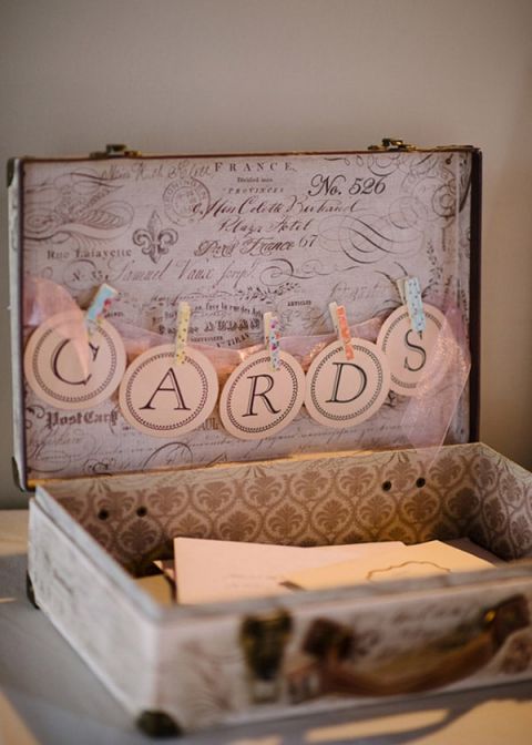 A vintage suitcase for cards! | Milton Photography | See More: https://heyweddinglady.com/ruby-and-gray-wedding-with-vintage-book-details-from-milton-photography/