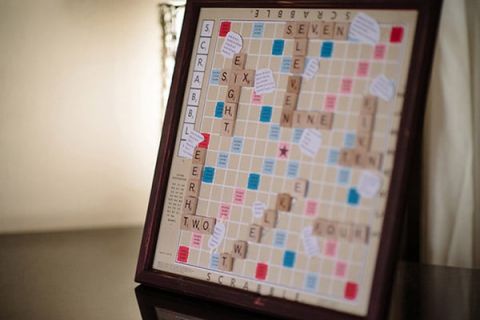 A Scrabble Seating Chart | Milton Photography | See More: https://heyweddinglady.com/ruby-and-gray-wedding-with-vintage-book-details-from-milton-photography/