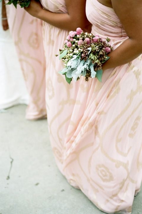 Blush and Gold Patterned Bridesmaids Dresses | Tikko Weddings |See More: https://heyweddinglady.com/classic-and-glamorous-blush-and-gold-socal-wedding-from-tikko-weddings/