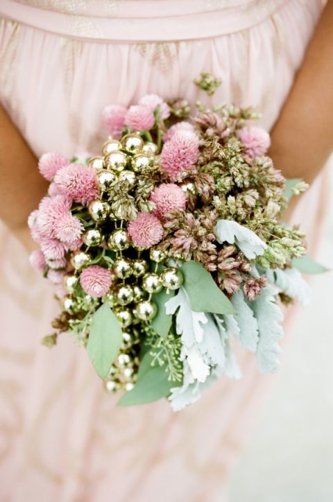 Glamorous Pink Bridesmaid's Bouquet with Gold Beads | Tikko Weddings |See More: https://heyweddinglady.com/classic-and-glamorous-blush-and-gold-socal-wedding-from-tikko-weddings/