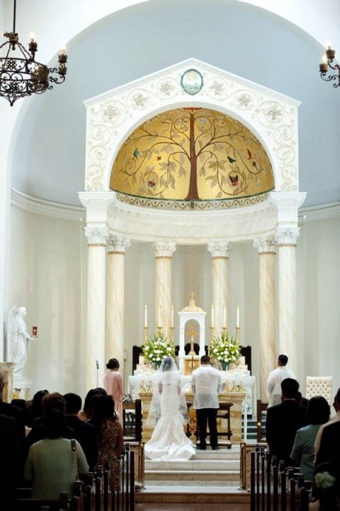 Beautiful Chapel Reception at the Church of St. Peter and St. Paul | Tikko Weddings |See More: https://heyweddinglady.com/classic-and-glamorous-blush-and-gold-socal-wedding-from-tikko-weddings/