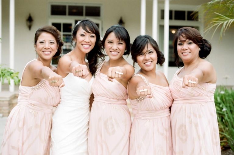 Glamorous Bridesmaids in Blush! | Tikko Weddings |See More: https://heyweddinglady.com/classic-and-glamorous-blush-and-gold-socal-wedding-from-tikko-weddings/
