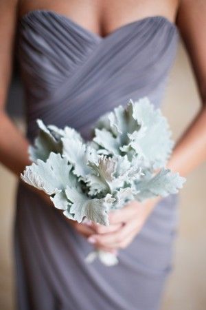 Dusty Miller Bouquet and Slate Bridesmaid Dress | Gina Meola Photography | See More: https://heyweddinglady.com/dusk-and-copper-modern-metallic-wedding-inspiration/