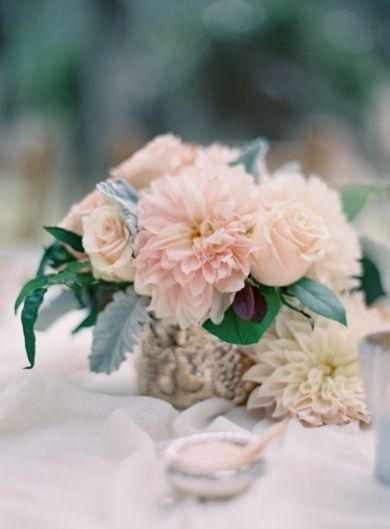Blushing Peach Dahlia Centerpieces | Jose Villa Photography | See More! https://heyweddinglady.com/down-the-garden-path-a-forest-green-and-peach-wedding/