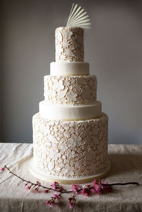 A Vintage Lace Wedding Cake in Ivory | Charm City Cakes | See More! https://heyweddinglady.com/falling-petals-floral-lace-trends-spring/