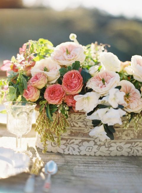 A Pink Spring Centerpiece Wrapped in Floral Lace | Flowerwild | See More! https://heyweddinglady.com/falling-petals-floral-lace-trends-spring/