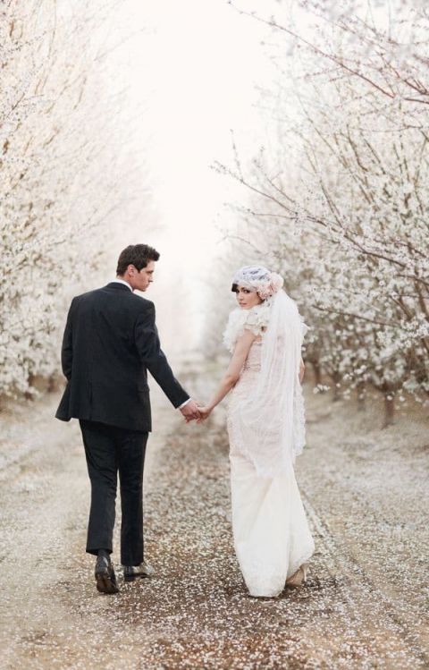 A Glamorous Almond Orchard Wedding Shoot | This Modern Romance | See More! https://heyweddinglady.com/falling-petals-floral-lace-trends-spring/