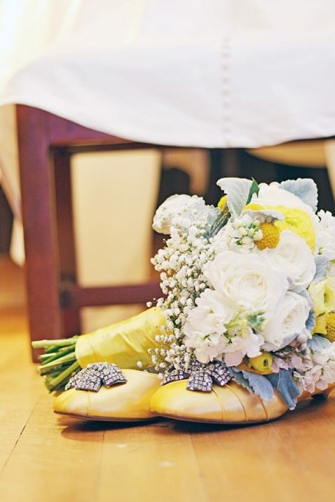 DIY Beaded Yellow Wedding Shoes | May Gunsul Photography | See More! https://heyweddinglady.com/fairy-tale-wedding-in-a-snowy-mountain-lodge-from-may-gunsul-photography/