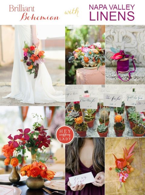 Colorful Bohemian Wedding Inspiration in Cayenne, Radiant Orchid, and Gold inspired by Brighton Cayenne from Napa Valley Linens! | See More! https://heyweddinglady.com/colorful-cayenne-radiant-orchid-bohemian-wedding-inspiration-board-inspired-by-napa-valley-linens/