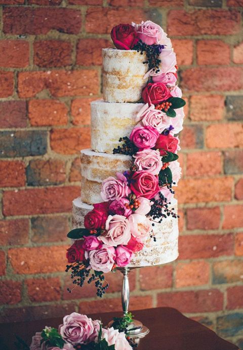 Rose Cascade Naked Wedding Cake | Made From Scratch | See More! https://heyweddinglady.com/rich-wild-summer-berry-wedding-inspiration/