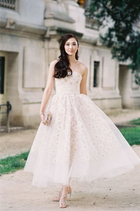 Perfectly Styled Romantic Glam Tea Length Gown | See More! https://heyweddinglady.com/bridal-styling-secrets-from-my-favorite-fashion-blogs/
