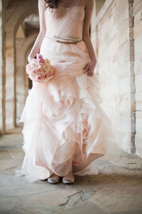 Relaxed Glam Blush Vera Wang Wedding Dress | James Christianson Photography | See More! https://heyweddinglady.com/bridal-styling-secrets-from-my-favorite-fashion-blogs/