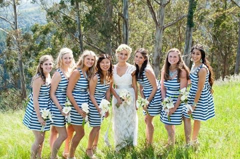Preppy Chic Bridesmaids in Navy and White Striped Dresses | Dawn Huemann Photography | See more! https://heyweddinglady.com/sweet-and-stylish-mountaintop-wedding-by-dawn-heumann-photography/
