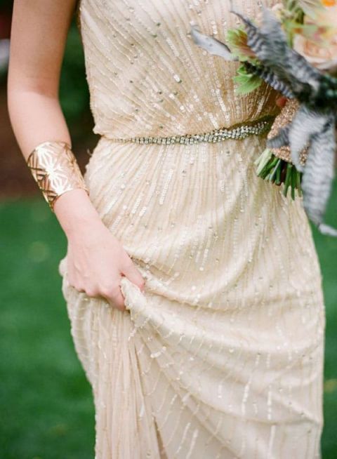 Glittering Champagne Wedding Dress | Hjartesmil Photography | See More! https://heyweddinglady.com/fab-bridal-alternatives-white-wedding-dress/