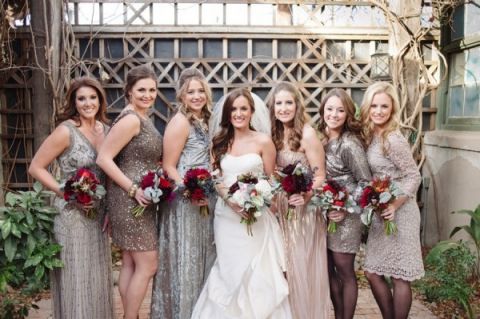 Luxe Metallic Bridesmaids with Burgundy Bouquets | Matt Julie Photography | See More! https://heyweddinglady.com/bridal-styling-secrets-from-my-favorite-fashion-blogs/