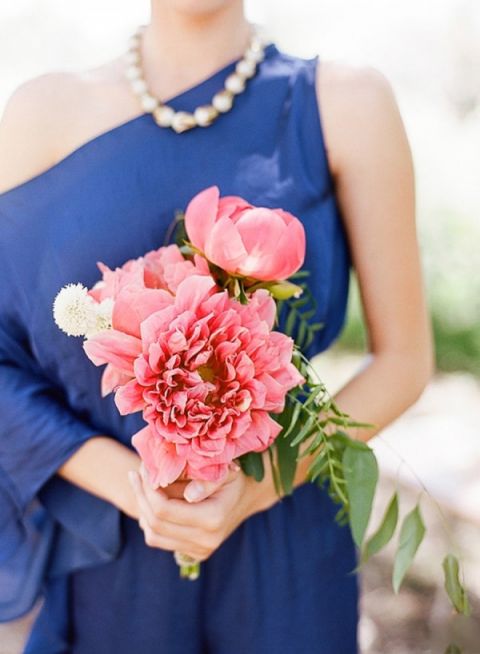 Cobalt and Coral Bright Modern Bridesmaids | Styled by Lady Grey | See More! https://heyweddinglady.com/bridal-styling-secrets-from-my-favorite-fashion-blogs/