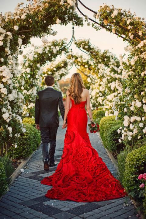 white to red ombre wedding dress