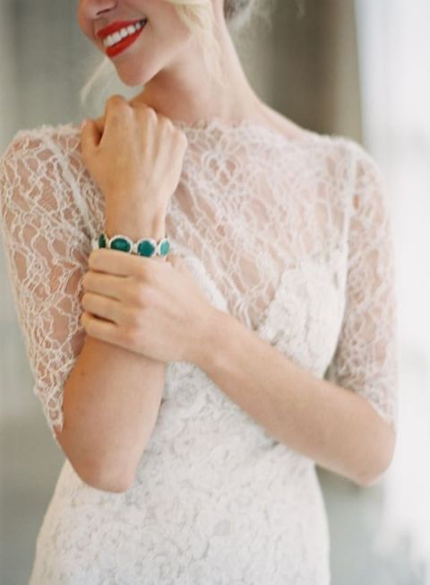 Lace Wedding Dress with an Emerald Bracelet | Tory Lea Photography | See More! https://heyweddinglady.com/bridal-styling-secrets-from-my-favorite-fashion-blogs/