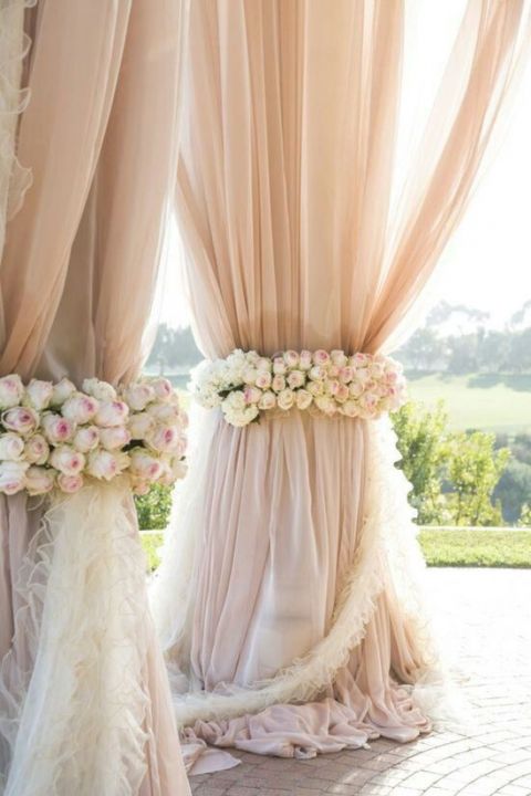 Blush Chiffon Ceremony Draping | Samuel Lippke Studios | See More! https://heyweddinglady.com/elegant-country-manor-wedding-inspiration-in-marble-and-blush/