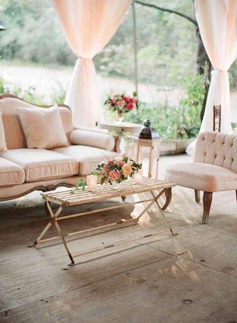 Elegant Draped Wedding Reception Canopy with Vintage Furniture | Elizabeth Messina Photography | See More! https://heyweddinglady.com/cashmere-and-champagne-warm-neutral-wedding-inspiration/