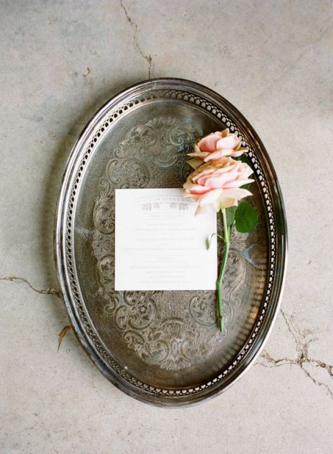 Garden Roses on a Silver Platter | Ali Harper Photography | See More! https://heyweddinglady.com/elegant-country-manor-wedding-inspiration-in-marble-and-blush/