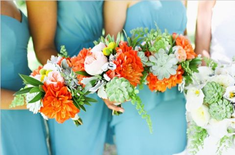 Vivid Aqua Bridesmaids Dresses with Orange Bouquets | Adrienne Gunde Photography | See More! https://heyweddinglady.com/modern-art-nouveau-wedding-inspiration-glittering-gold-orange-blue/