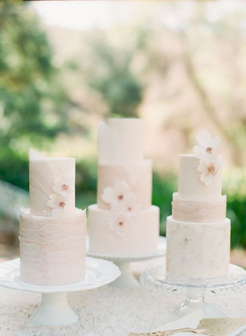 Trio of Ethereal Blush Wedding Cakes | Carmen Santorelli Photography | See More! https://heyweddinglady.com/elegant-country-manor-wedding-inspiration-in-marble-and-blush/