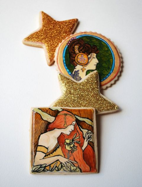 Hand Painted Art Nouveau Cookies | Sojis Honey Bakeshop | See More! https://heyweddinglady.com/modern-art-nouveau-wedding-inspiration-glittering-gold-orange-blue/