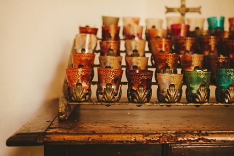 Jewel Covered Votives in the Chapel at Villa San Juan Capistrano | Vitaly M Photography | See More! https://heyweddinglady.com/historic-villa-wedding-in-southern-california/