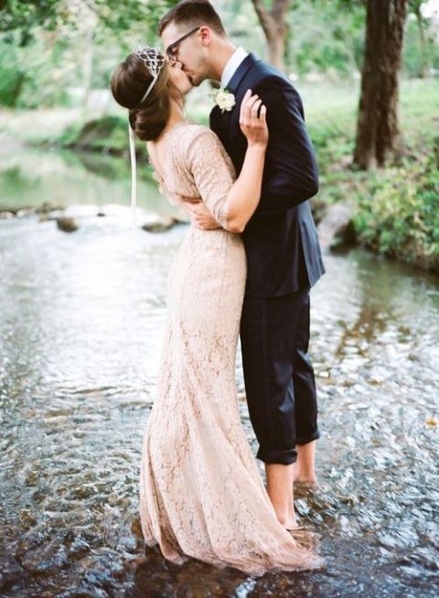 Romantic Warm Ivory Lace Wedding Dress | Marcie Meredith Fine Art Photography | See More! https://heyweddinglady.com/farm-table-luxe-organic-wedding-inspiration/