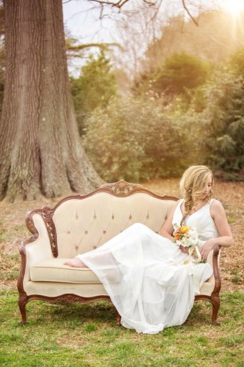 French Country Chic Bridal Style on an Elegant Vintage Settee | Amy Allen Photography | See More! https://heyweddinglady.com/french-country-chic-wedding-style/