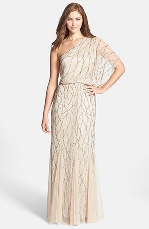 Adrianna Papell Glittering Goddess Gown | See More! https://heyweddinglady.com/the-ultimate-guide-to-sparkling-metallic-dresses-for-your-wedding/
