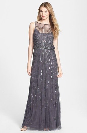 Aidan Mattox Slate Illusion Gown | See More! https://heyweddinglady.com/the-ultimate-guide-to-sparkling-metallic-dresses-for-your-wedding/