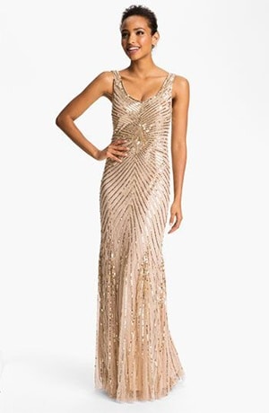 Aidan Mattox Blush Sparkling Gown | See More! https://heyweddinglady.com/the-ultimate-guide-to-sparkling-metallic-dresses-for-your-wedding/