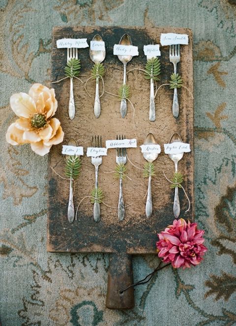 Vintage Fork Escort Cards for a Foodie Wedding | Clayton Austin Photography | See More! https://heyweddinglady.com/foodie-wedding-inspiration-with-botanical-details/