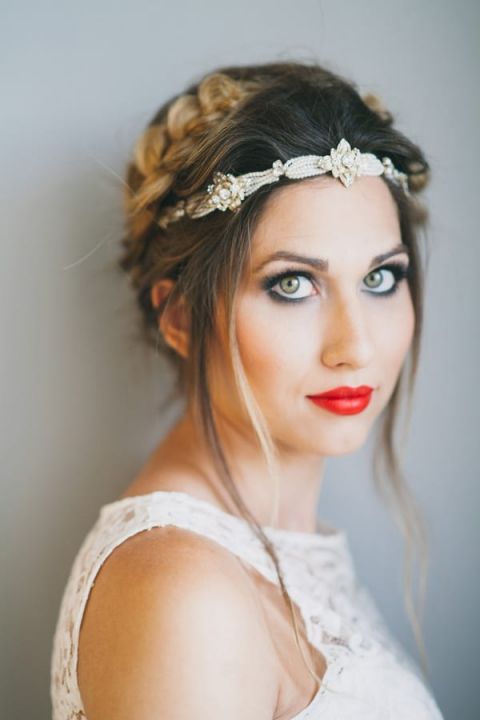 Red Lips and Smoky Eyes with a Jeweled Braid Crown | Alexandra Wallace Photography | Bold Boho Bridal Style for Autumn