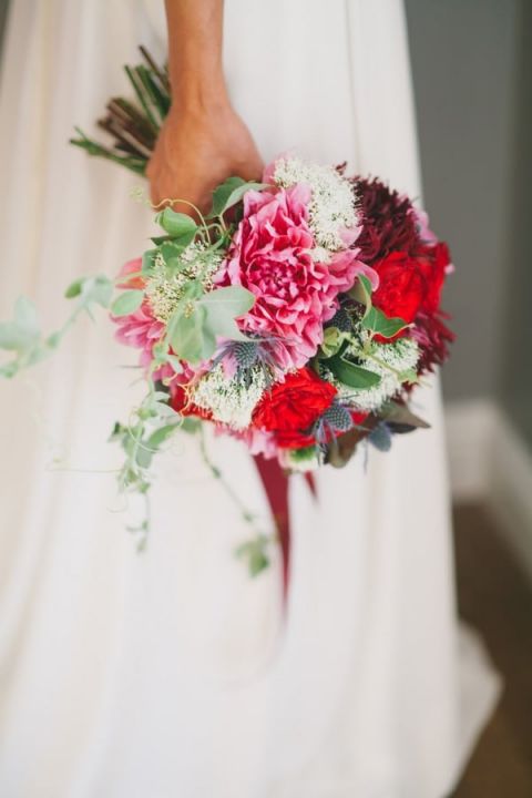 Hot Pink Peony Bouquet with Red Garden Roses | Alexandra Wallace Photography | Bold Boho Bridal Style for Autumn